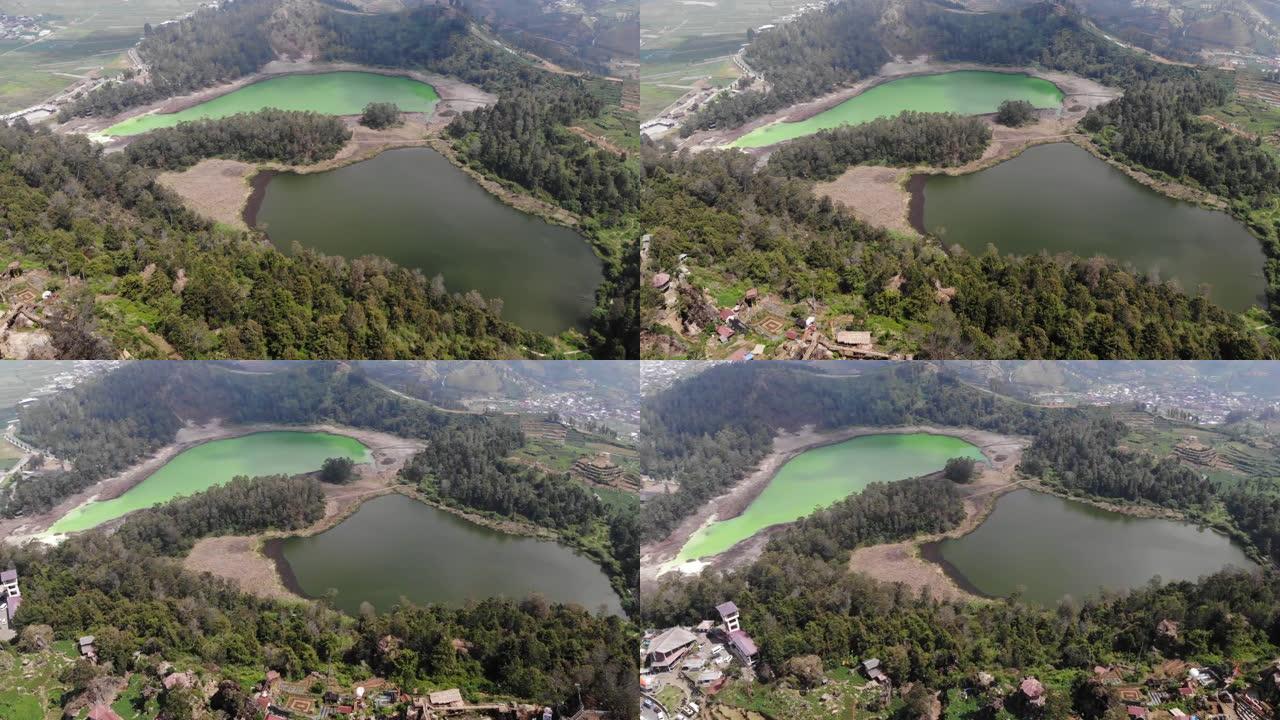 4K彩色湖的空中视图-印尼Dieng高原的2个湖泊颜色