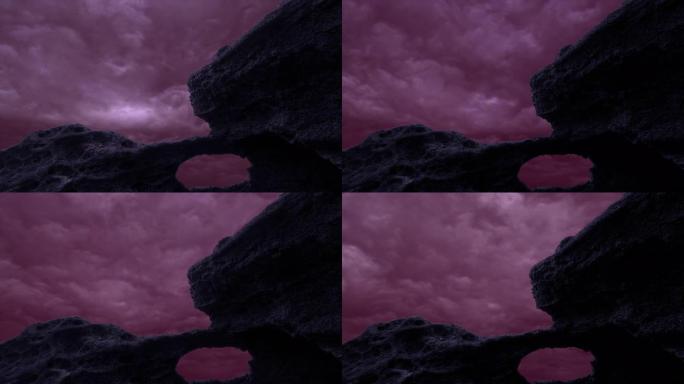 云和岩石的延时。三维动画舞台背景恶劣天气