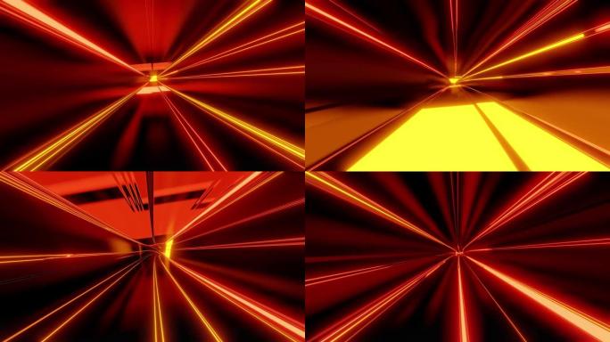 4k环形抽象高科技隧道带霓虹灯，相机飞过隧道，霓虹灯闪烁。赛博朋克或高科技未来风格的科幻红橙色背景。