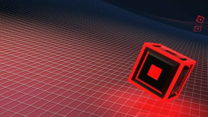 带有红色发光结构的黑色立方体翻转带有白色网格的红色表面-3D渲染动画