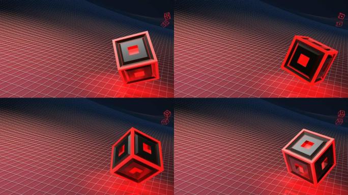 带有红色发光结构的黑色立方体翻转带有白色网格的红色表面-3D渲染动画