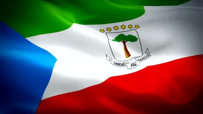 赤道几内亚国旗运动循环视频在风中挥舞。逼真的赤道几内亚国旗背景。赤道几内亚国旗循环特写1080p全高