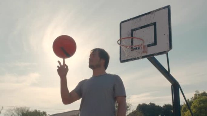 男子篮球运动员在手指上旋转球的肖像