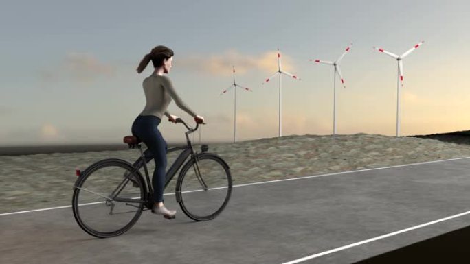 年轻的女人。电动自行车。风力涡轮机。