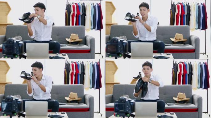 亚洲男人博主播放在线销售产品的视频。网上购物概念