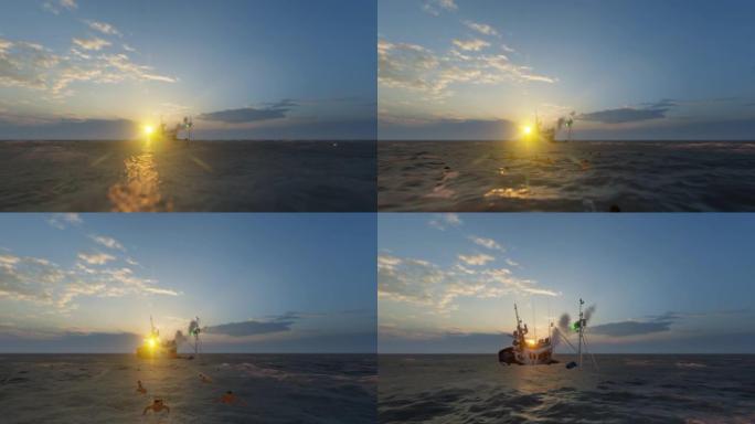 沉没的船只和水手向岸边游泳，日落，4K