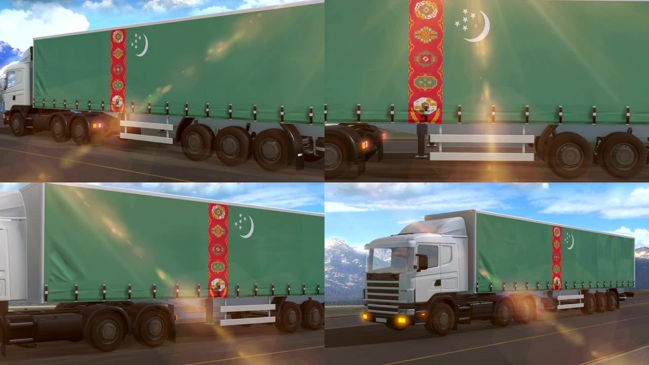 一辆大型卡车侧面显示的土库曼斯坦国旗