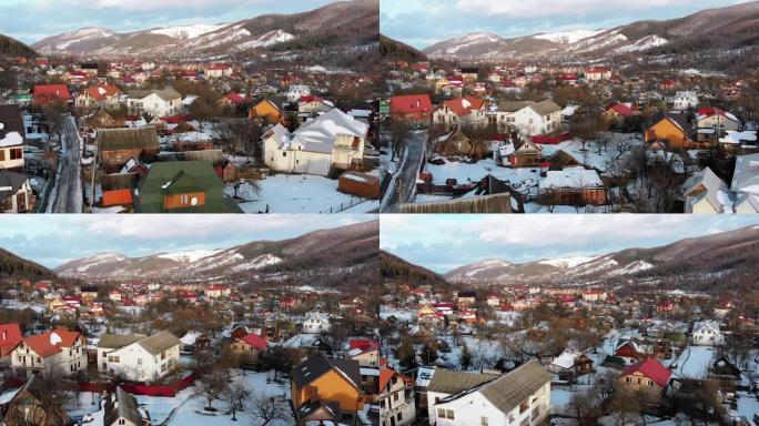 冬季喀尔巴阡山脉一个村庄的鸟瞰图。乌克兰Yaremche