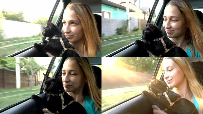 日落时分，一只好奇的黑猫和一个年轻的女孩一起看着正在行驶的汽车的窗外。从车内看。概念。特写。4K。