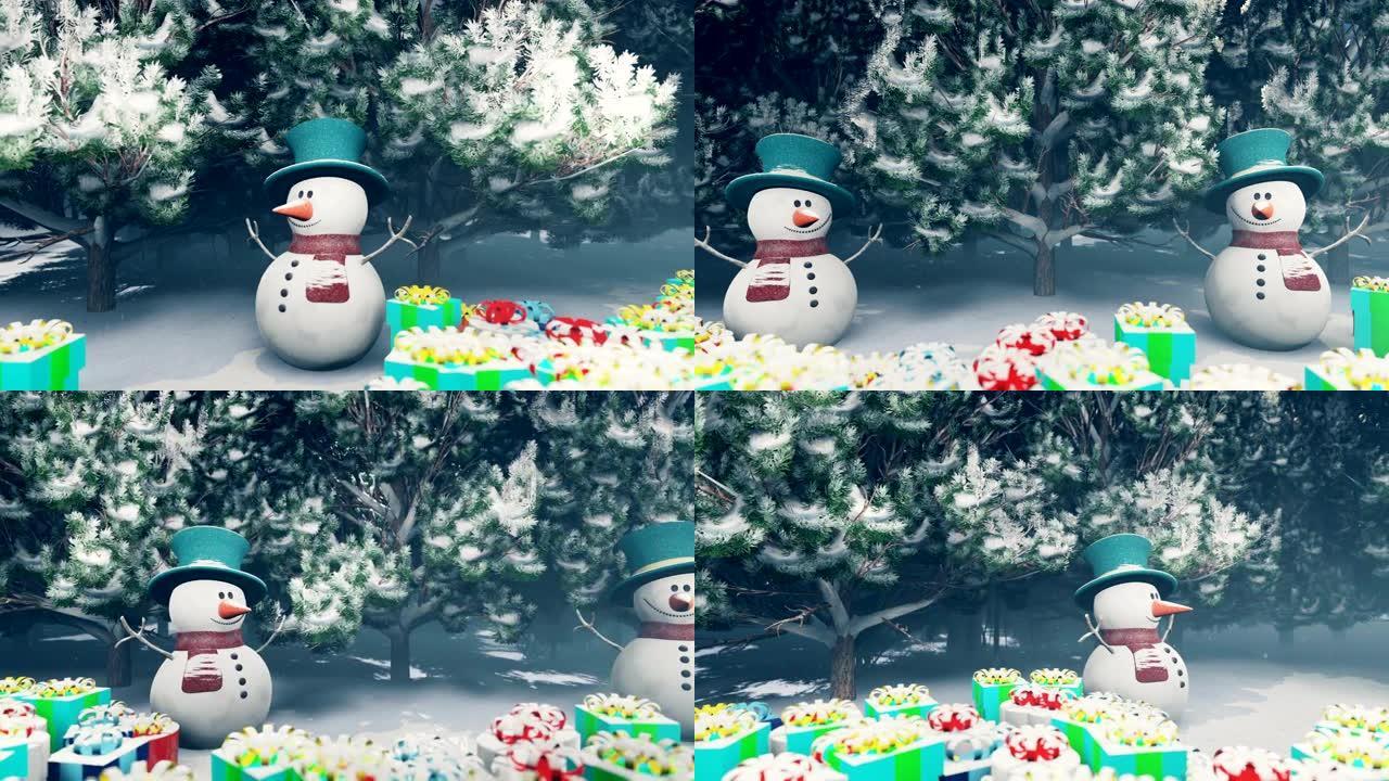白雪皑皑的魔法森林里的圣诞雪人。圣诞节和新年3D渲染。