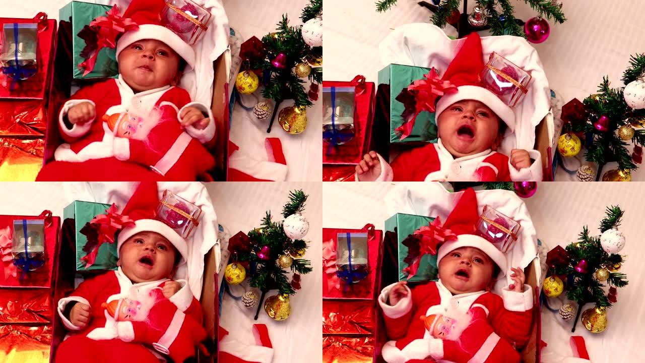 可爱的新生女婴哭泣的圣诞肖像