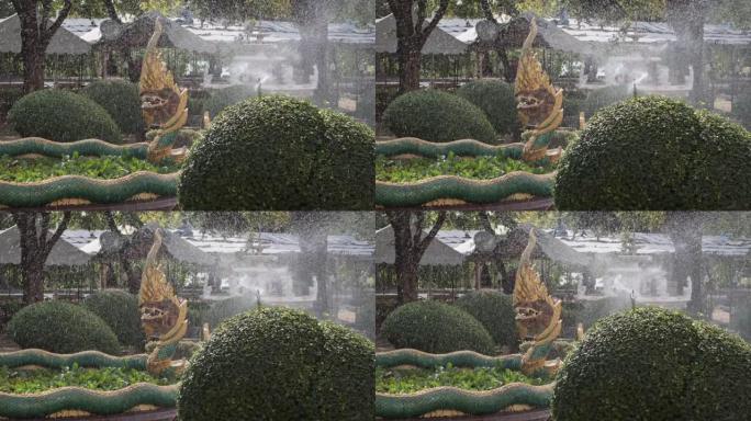 洒水器在亚洲花园喷水，背景是龙雕像