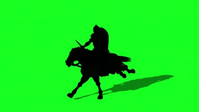 中世纪骑士骑马的剪影，并与剑和盾战斗-动画在绿色屏幕上