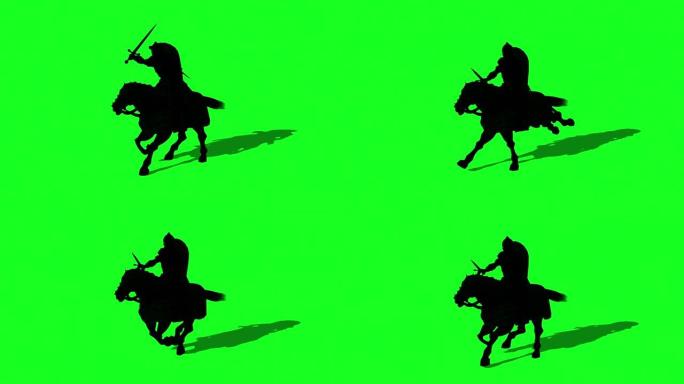 中世纪骑士骑马的剪影，并与剑和盾战斗-动画在绿色屏幕上