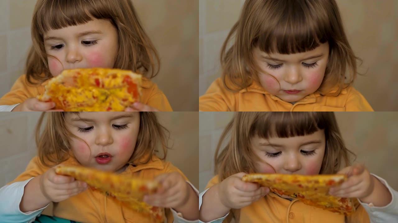 可爱的高加索小男孩吃披萨。饥饿的孩子吃披萨。