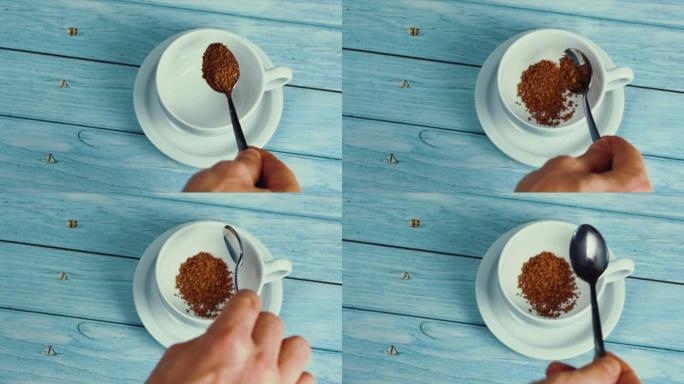 满勺咖啡。咖啡粉掉进杯子里。用烤豆在桌子上放白杯蒸发咖啡。慢动作咖啡倒。