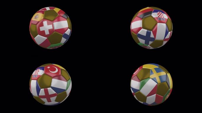欧洲国家的旗帜在足球上透明的背景上旋转，阿尔法循环