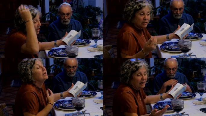 一位犹太妇女在餐桌上讲一本书的故事