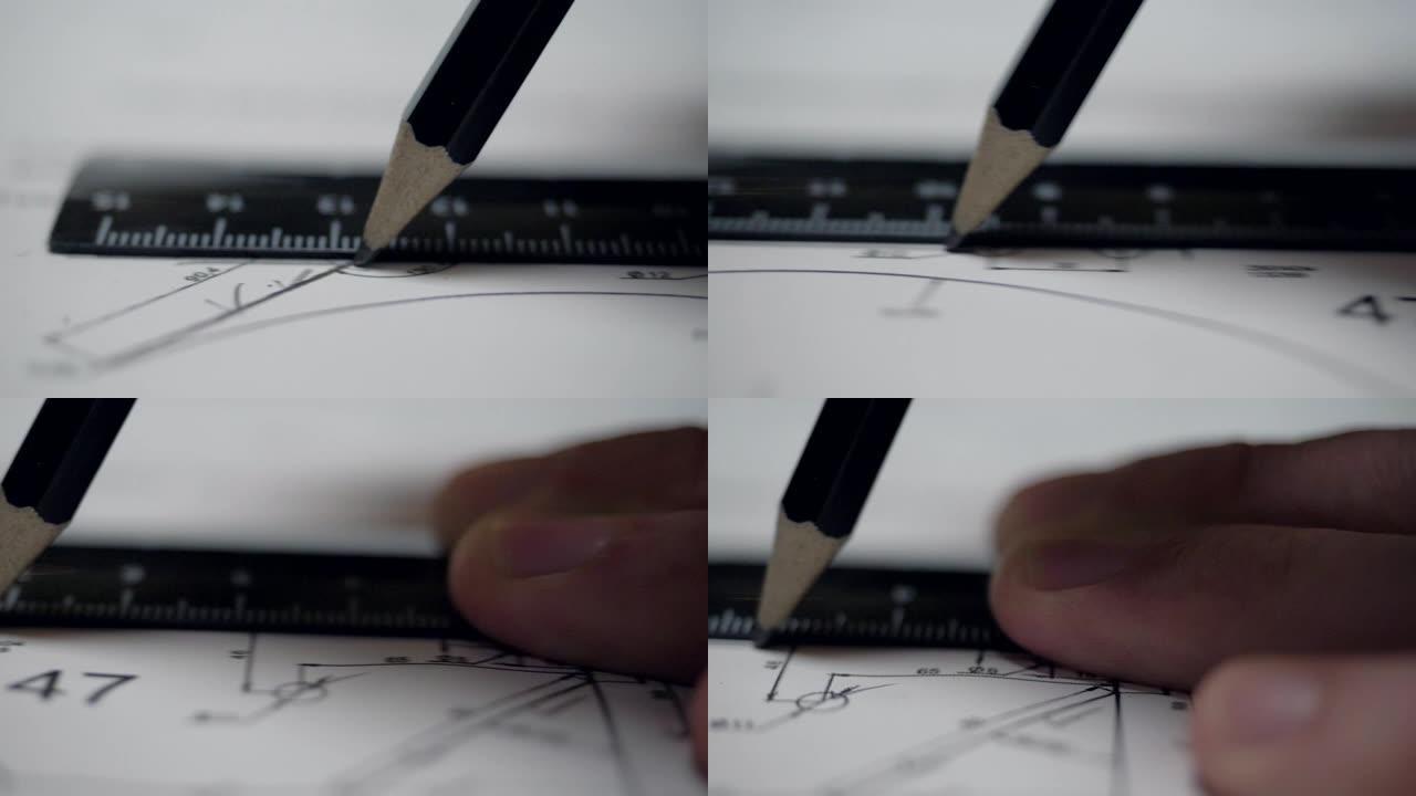 特写工程师用铅笔和尺子画直线