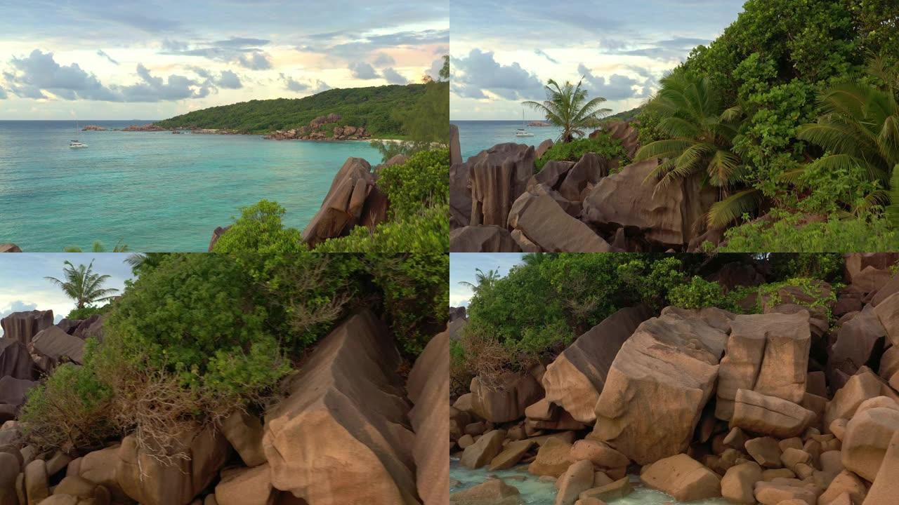 风景塞舌尔岛马埃岛在印度洋，美丽的蓝色大海与海浪，沙滩和绿色森林在热带天堂。旅游图片。海滩、大海、海