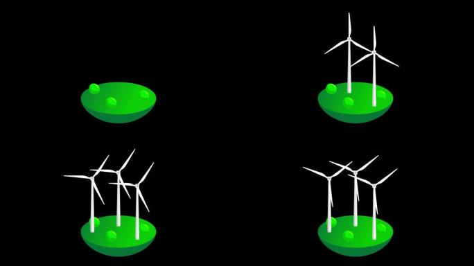 现场旋转风力涡轮机。风力涡轮机发电的动画。动画风力发电站。自然环境友好型发电厂。绿色生态能源