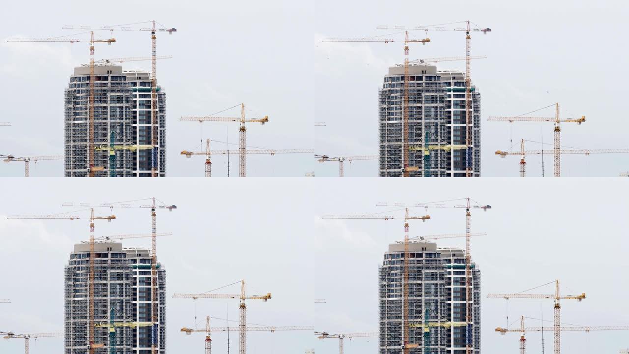 摩天大楼建筑工地，有许多起重机-4k视频