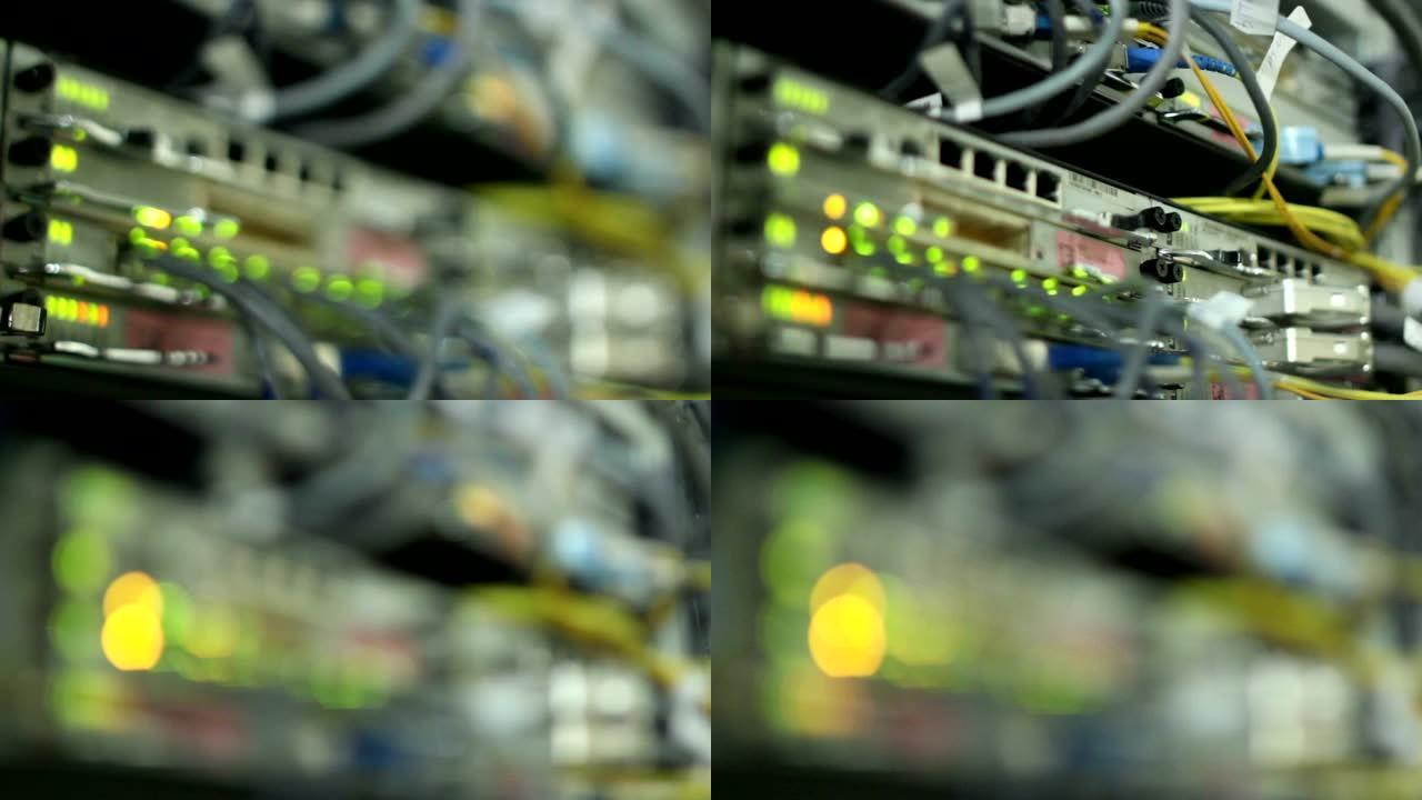 数据中心带网络线的宏闪光发光二极管灯计算机
