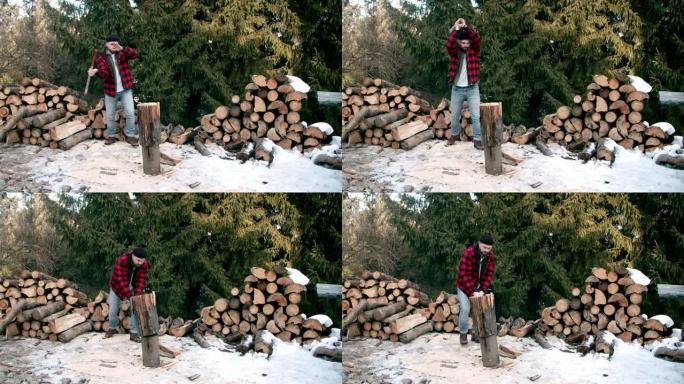 残酷的伐木工人在冬季森林中砍柴