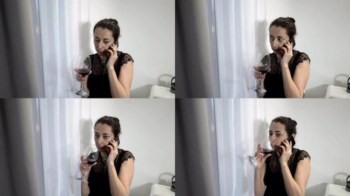 一个严肃的女人 -- 一位商务女士，在房间的窗户边打电话，喝杯红酒。特写。4K