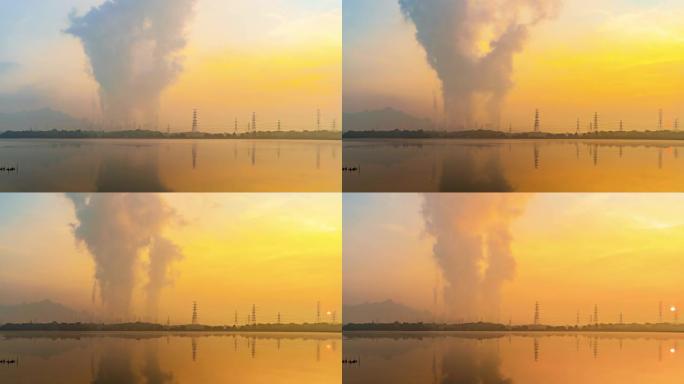 Mae Moh燃煤电厂的时间流逝，烟囱冒出烟雾和有毒空气。工厂工业。能源或污染环境概念中的电塔。泰国