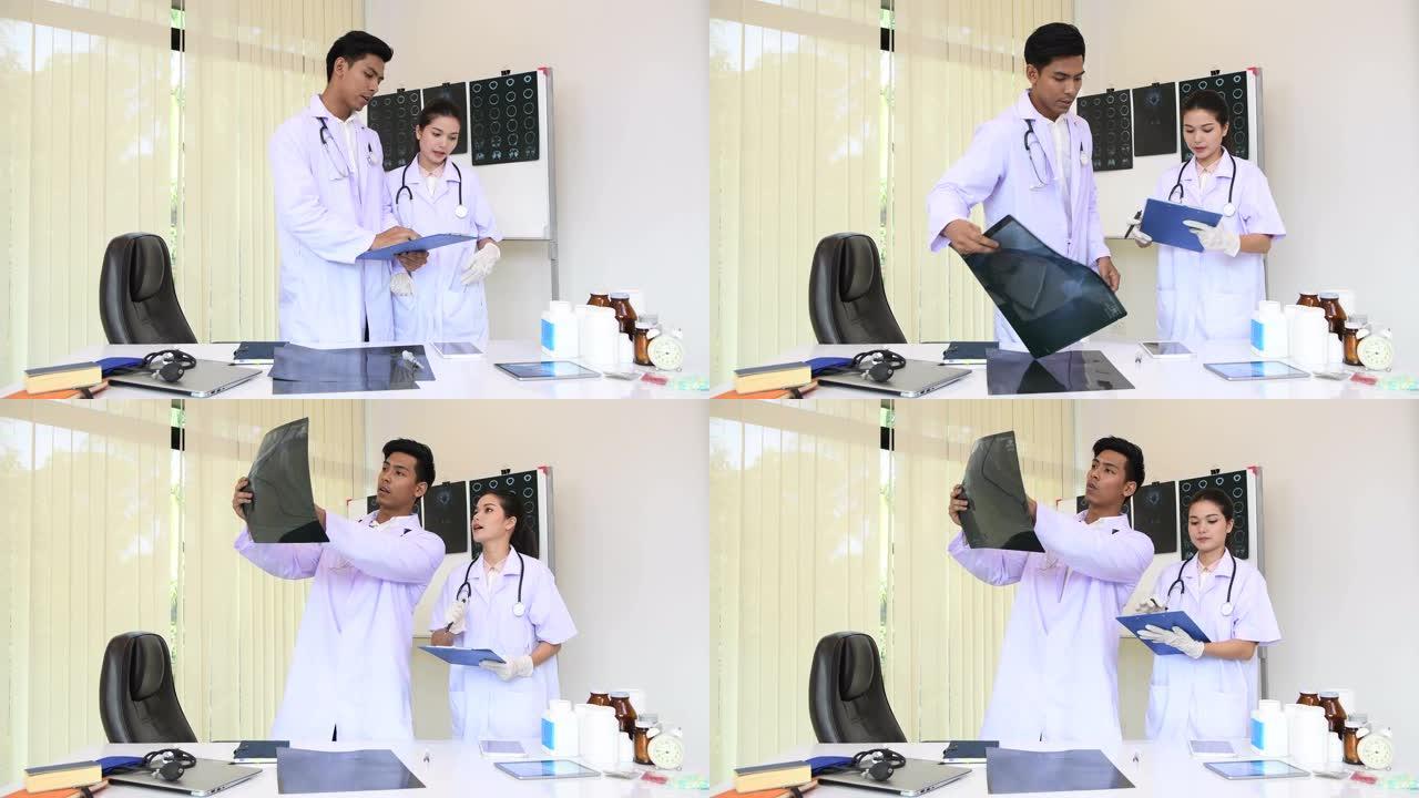 年轻男女外科医生与同事一起讨论和回顾x光影像