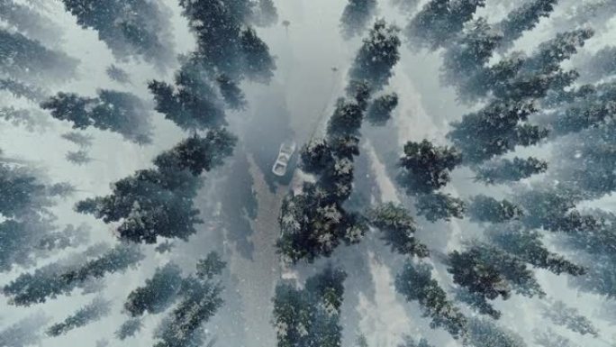 在冬季森林环绕的道路上，警车的无人机视图，4K