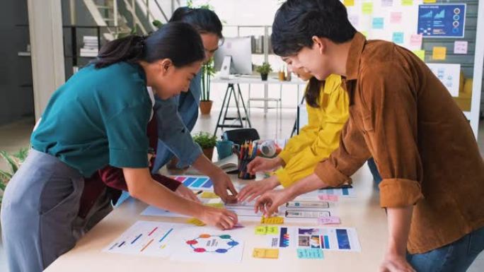 亚洲ux开发人员和ui设计师手集思广益，讨论现代办公室表格颜色代码上的移动应用程序界面线框设计。创意