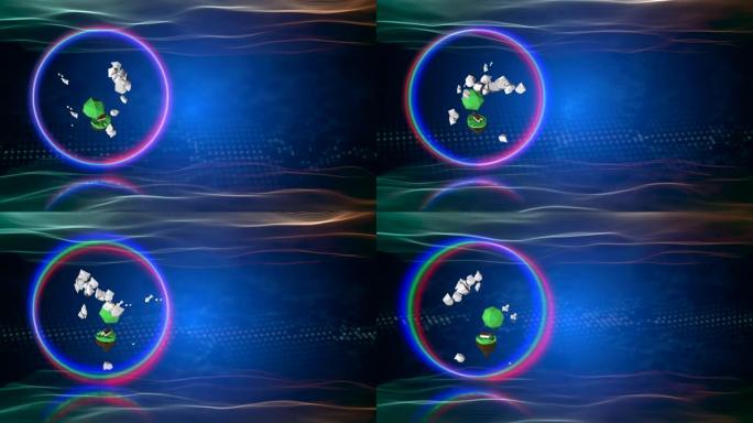 地球外虚拟空间上霓虹灯环内的3d抽象低聚物体。