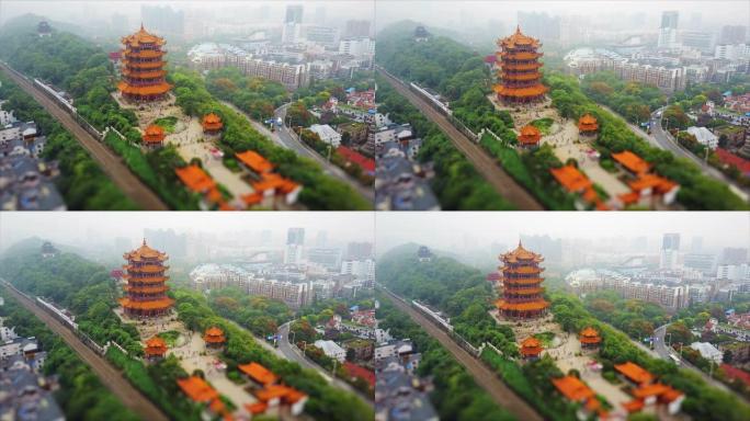 武汉市日间著名黄鹤寺交通道路空中全景4k倾斜移位中国