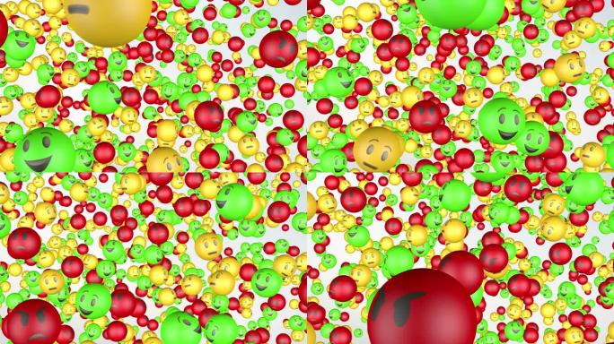 不同情感的动画。用于评估一个人的感受的图标。轻松的背景上快乐的平凡而邪恶的笑脸。