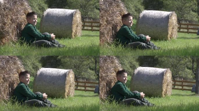 一个小男孩看着坐在草地上的阳光。
