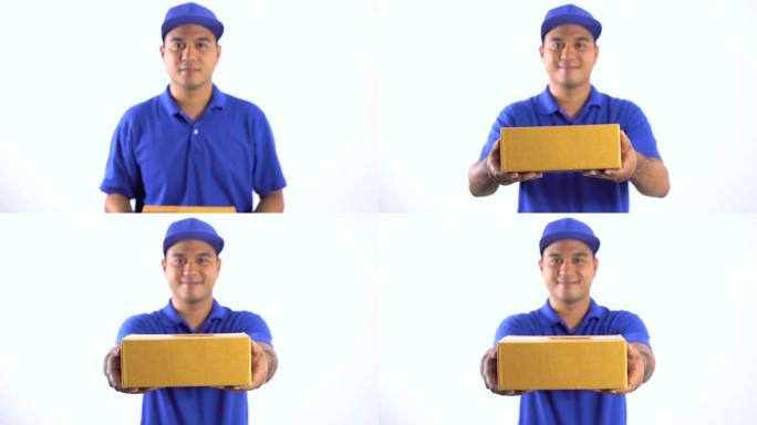 蓝色送货英俊的亚洲男子拿着包裹纸板箱在孤立的白色背景。
