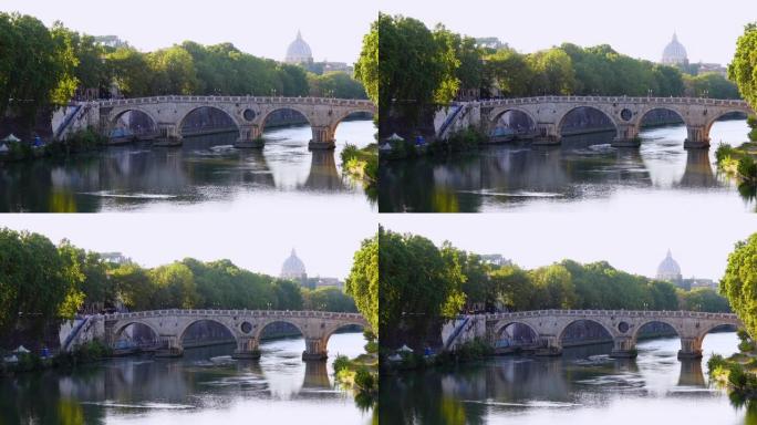 罗马城市的观点古桥河流清晨阳光