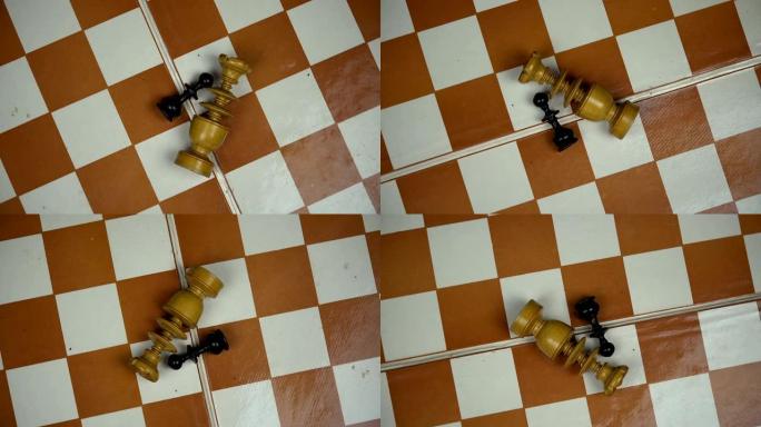 躺在棋盘上的木制象棋人物。转盘逆时针