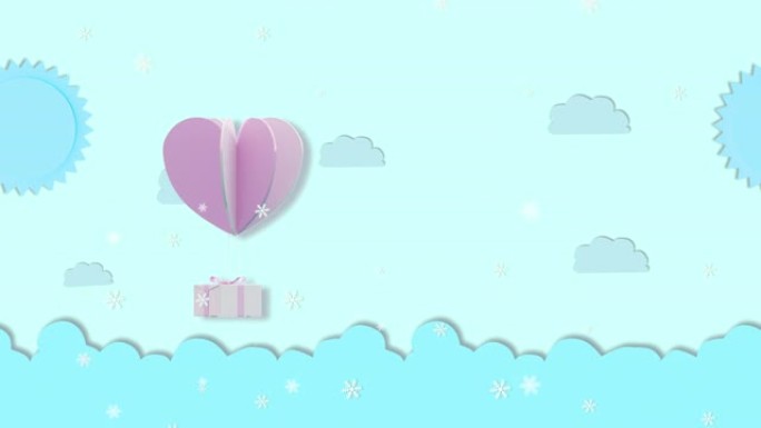 运动，礼品盒和粉红色的心漂浮在云层上方的天空中。秒0-2，动画开始。秒2-8可以剪切循环，秒8-10