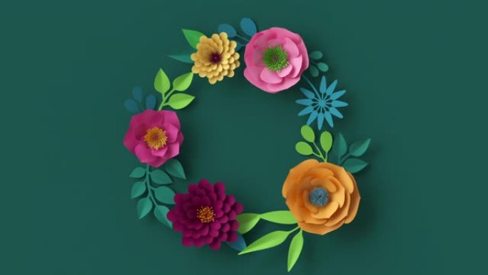 3d抽象花卉花环出现在深绿色墙壁上，植物背景动画，盛开的现场图像，运动设计，粉红色桃红色橙色纸花生长