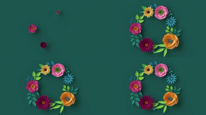 3d抽象花卉花环出现在深绿色墙壁上，植物背景动画，盛开的现场图像，运动设计，粉红色桃红色橙色纸花生长
