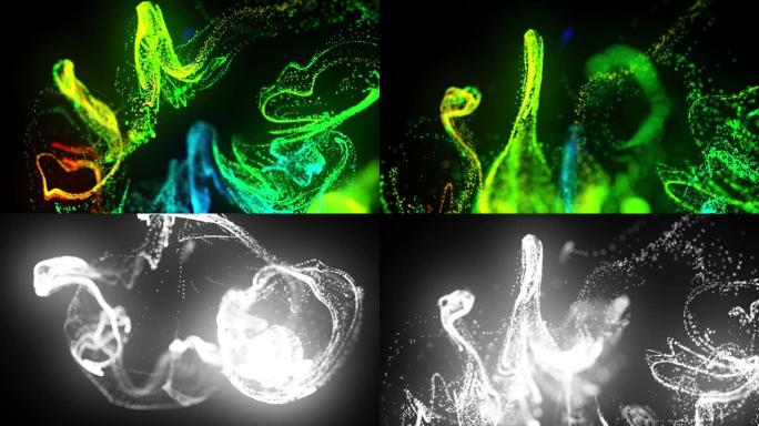 在4k的水中注入荧光多色墨水。墨水流中辉光粒子的3d渲染。亮度哑光作为阿尔法通道。闪亮油墨效果平流的