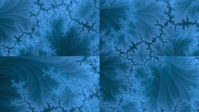 蓝色抽象高分辨率分形视频，纹理提醒那些在非常寒冷的日子窗蕨和霜花。