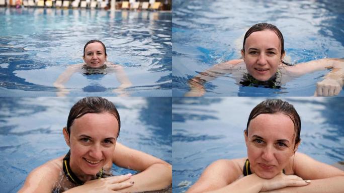 一名中年妇女游到游泳池边，不再看镜头，微笑着