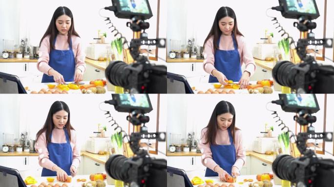 年轻的泰国女人youtuber展示如何准备和蔬菜早餐