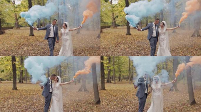 公园里有新娘的高加索新郎。结婚夫妇。烟雾弹。新婚夫妇