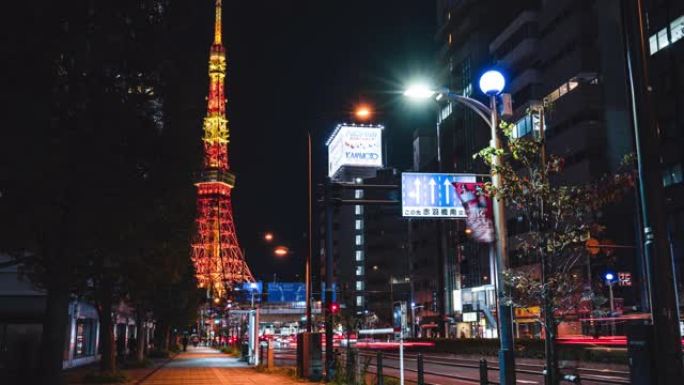 4k延时: Zoom out of Tokyo Tower在日本日落黄昏是著名的地方地标，可欣赏城市