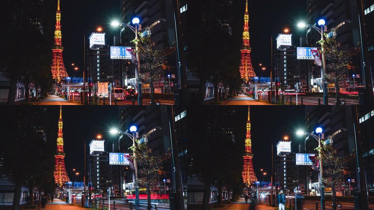 4k延时: Zoom out of Tokyo Tower在日本日落黄昏是著名的地方地标，可欣赏城市